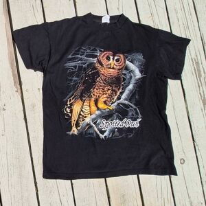 90s Vintage jet black, 100% cotton, vibrant, Spotted Owl t-shirt.